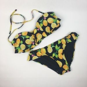 Lemon Fruit Print Ruffle Bikini Bathing Suit M
